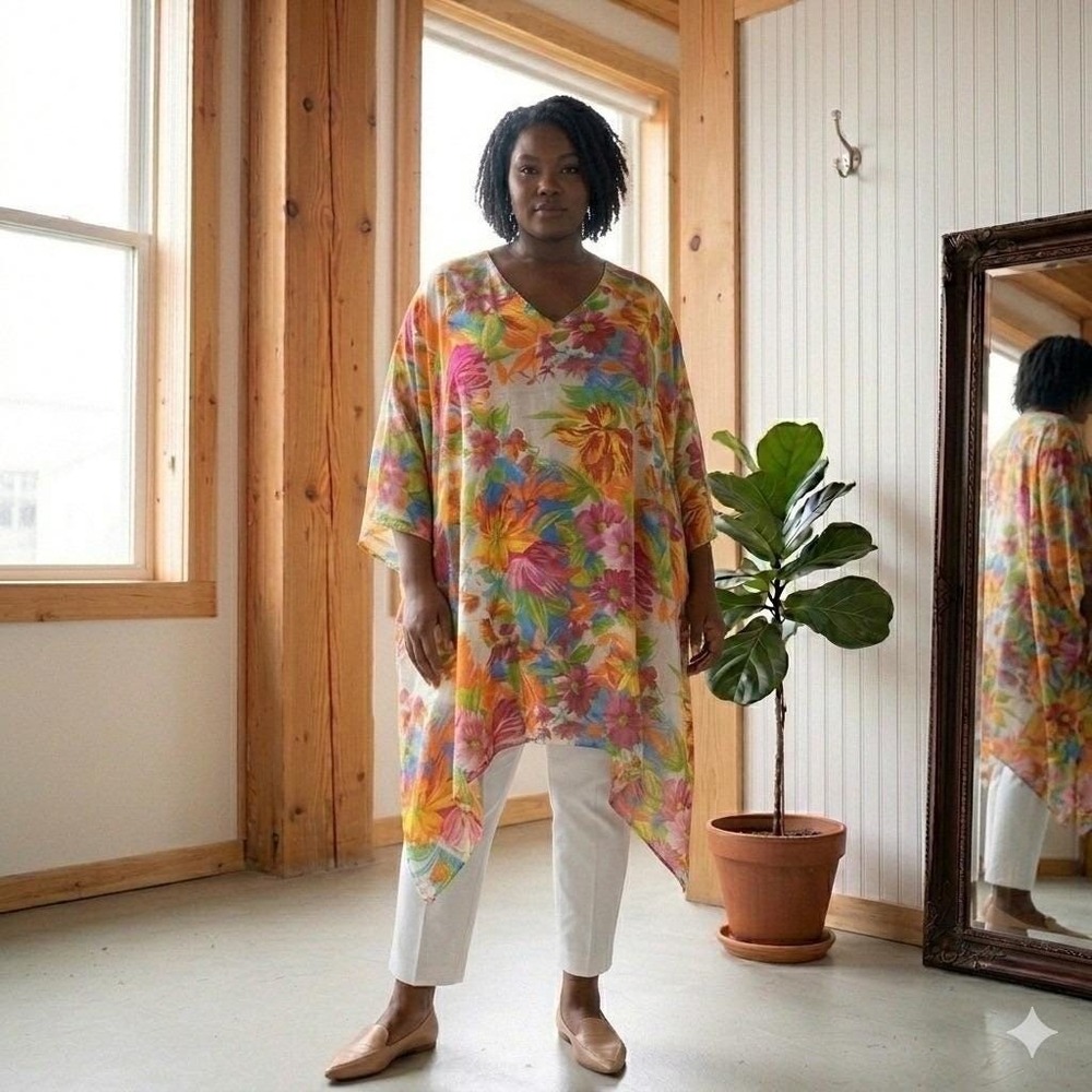 JoRo Fashions Kaftan Tunic Wms 4X Multicolor Floral Cotton Boho Resortwear Vtg